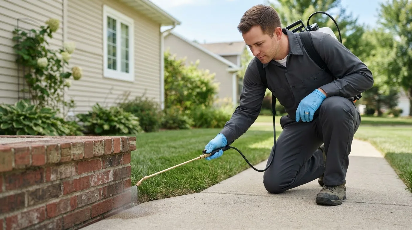 Pest control technician treating a home near Versailles, OH